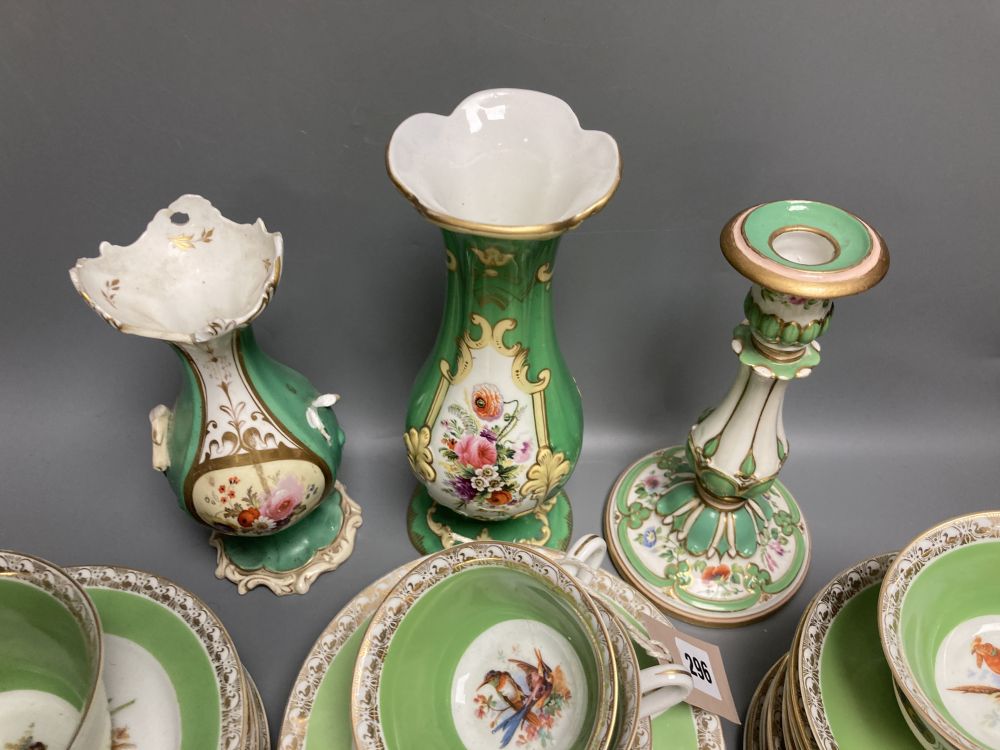 Three English porcelain vases, four dessert plates and a Bohemian green ground teaset, tallest 24cm